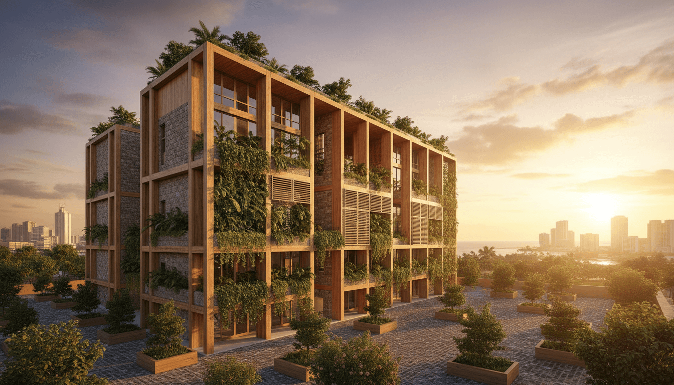 Modern sustainable building in Accra with integrated greenery and climate-responsive design features