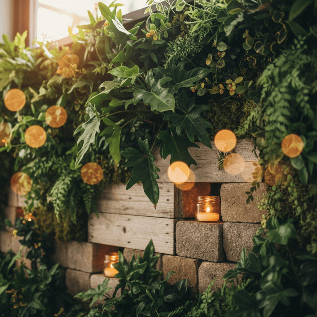 Biophilic interior feature with integrated living elements